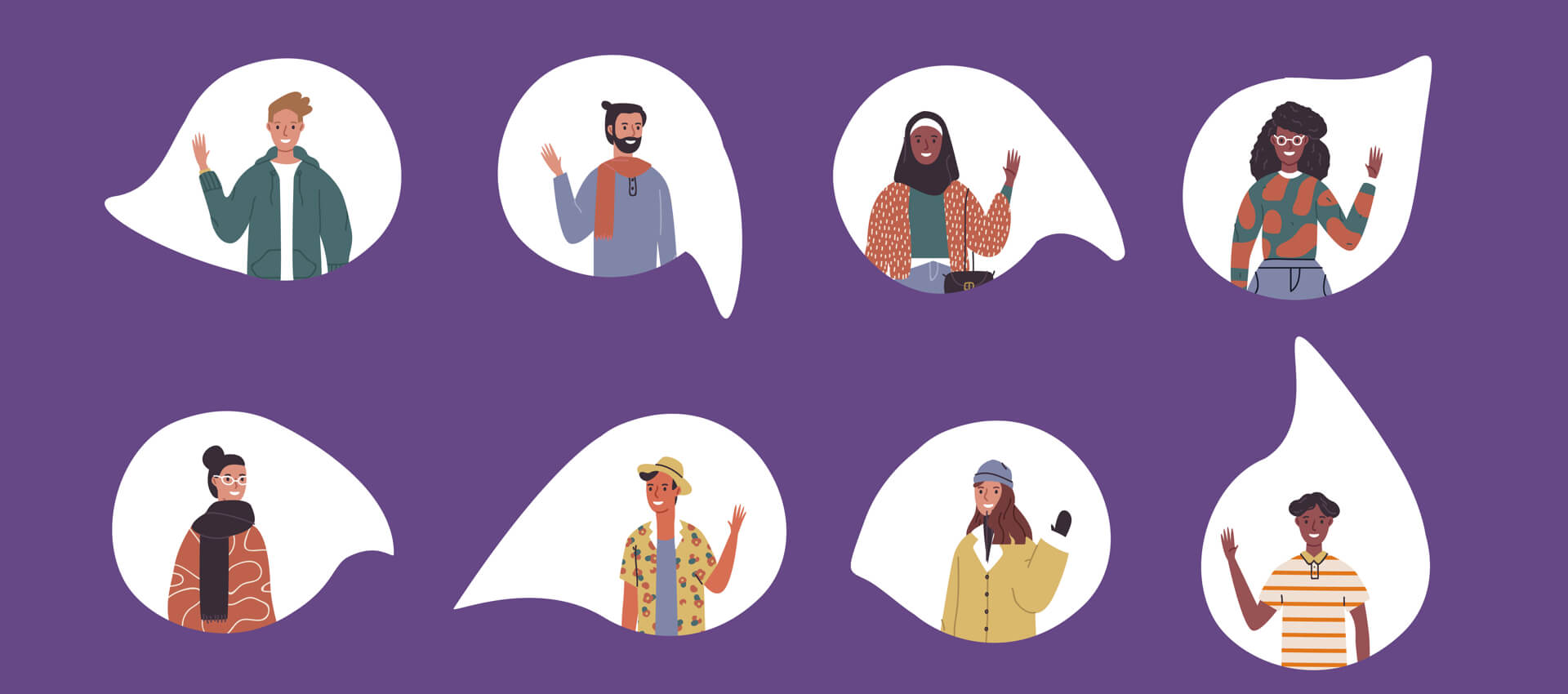 Purple background with bubbles of diverse animated people. 