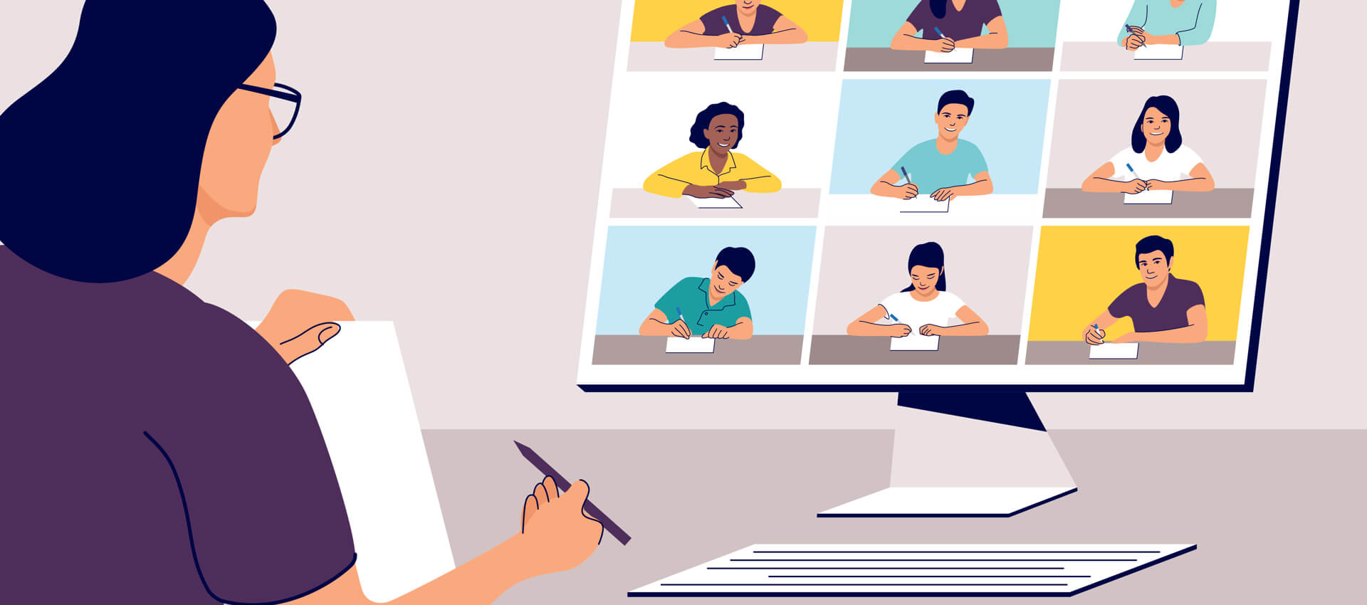 illustration of teacher teaching program virtually