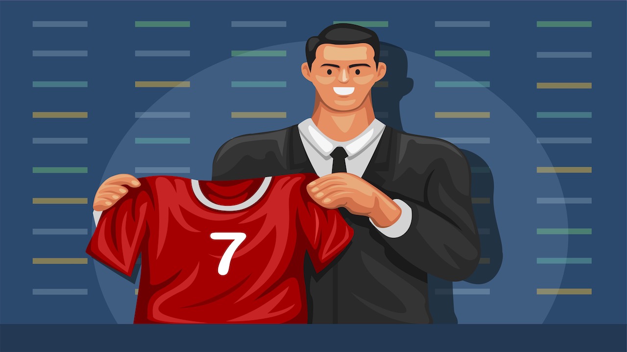 Illustration of a recruit holding up a football jersey.
