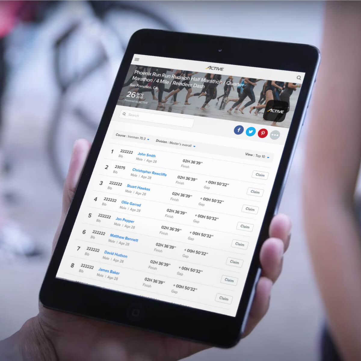 active results being used on a tablet at a triathalon