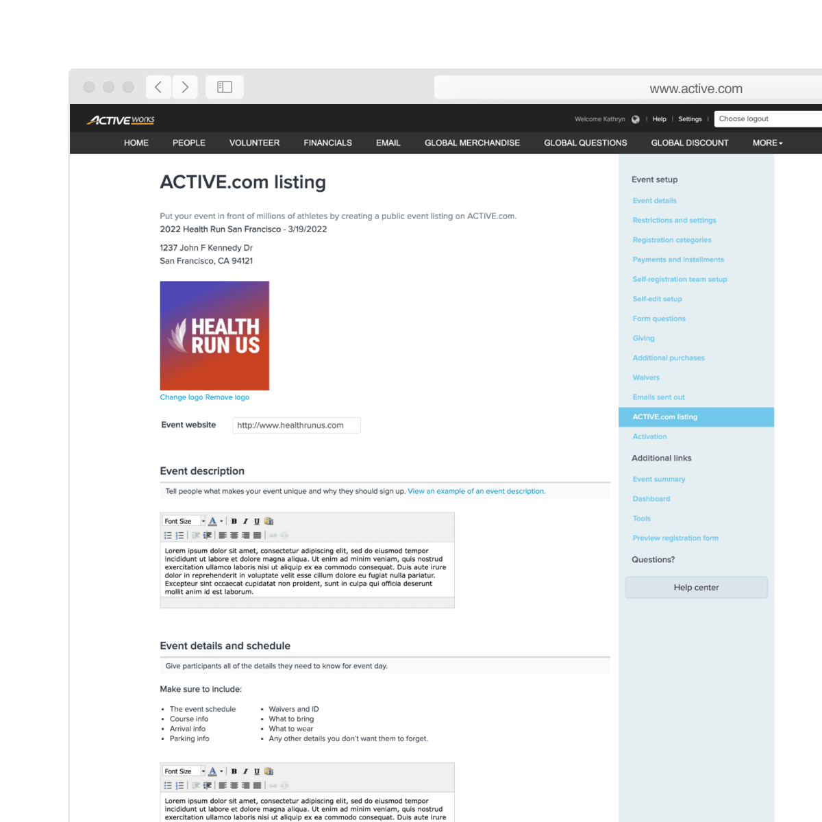 activeworks endurance event listing setup